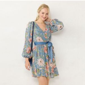 Womens LG Lauren Conrad Faux Wrap Fit & Flare blue and pink Floral sequin dress